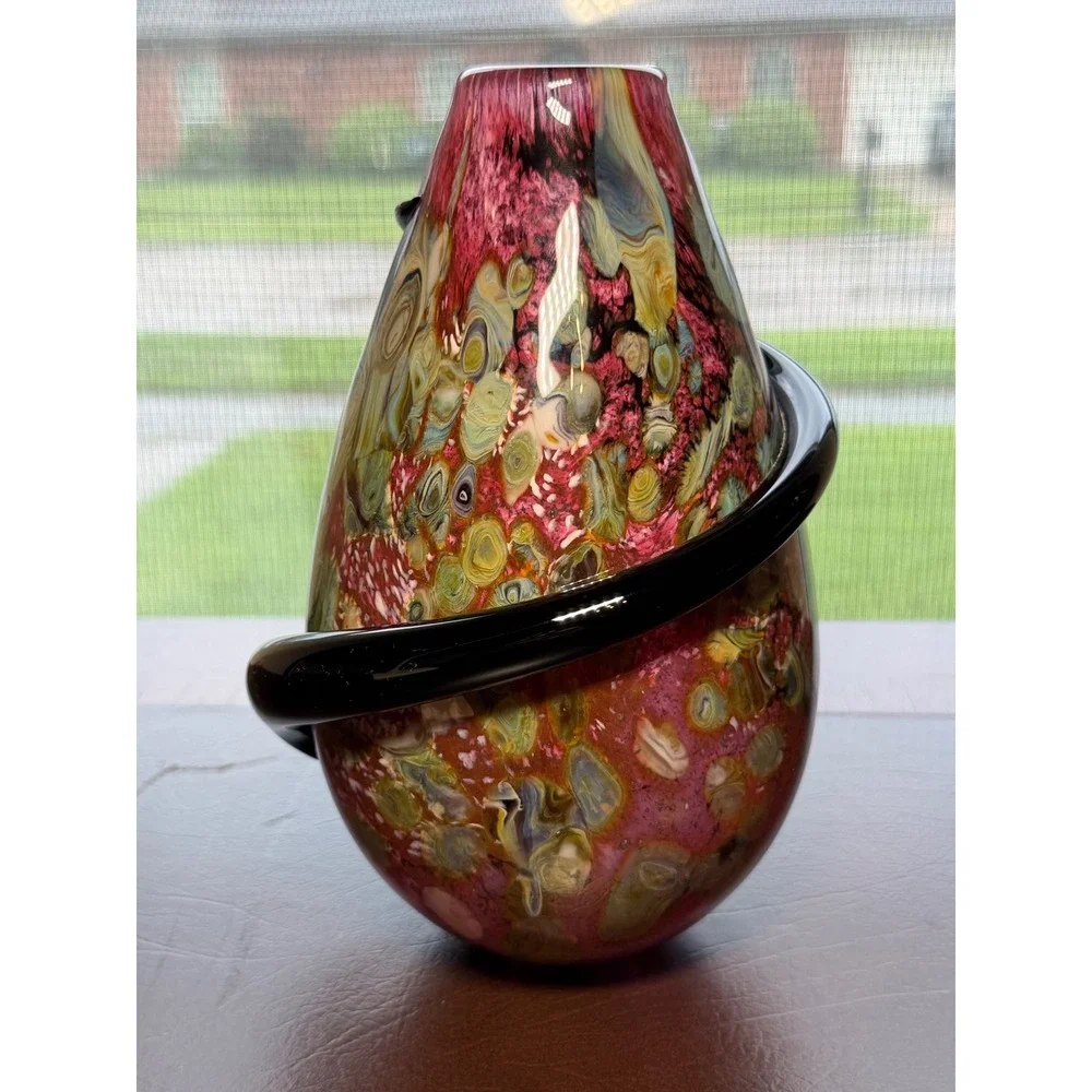 Robert Eickholdt 2000 Signed Studio Art Glass Vase Dichroic Black Wrap Sculpture